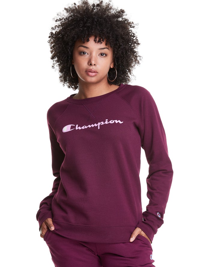 Champion Powerblend Fleece Classic Crew Script Logo Kadın Sweatshirt Koyu Mor ( KTHUBQ187 )